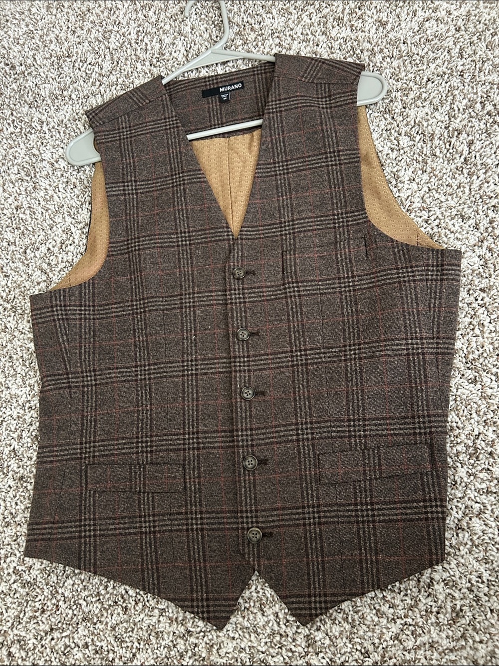 Murano Brown Plaid Wool Blend Vest with Tan Lining